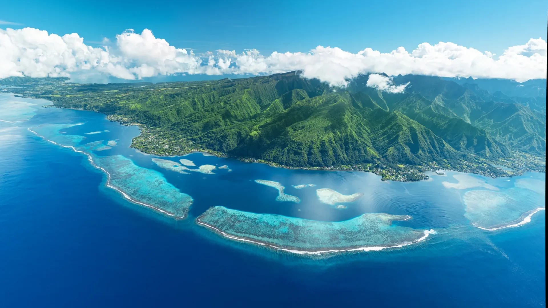Aerial view of French Polynesia reef and island